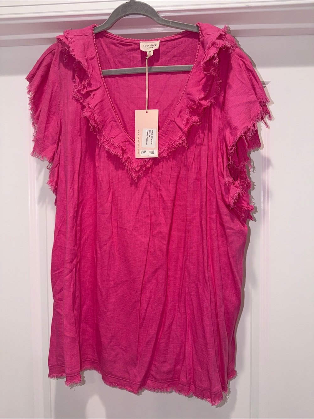 Hot Pink Ruffle-Trim V-Neck
